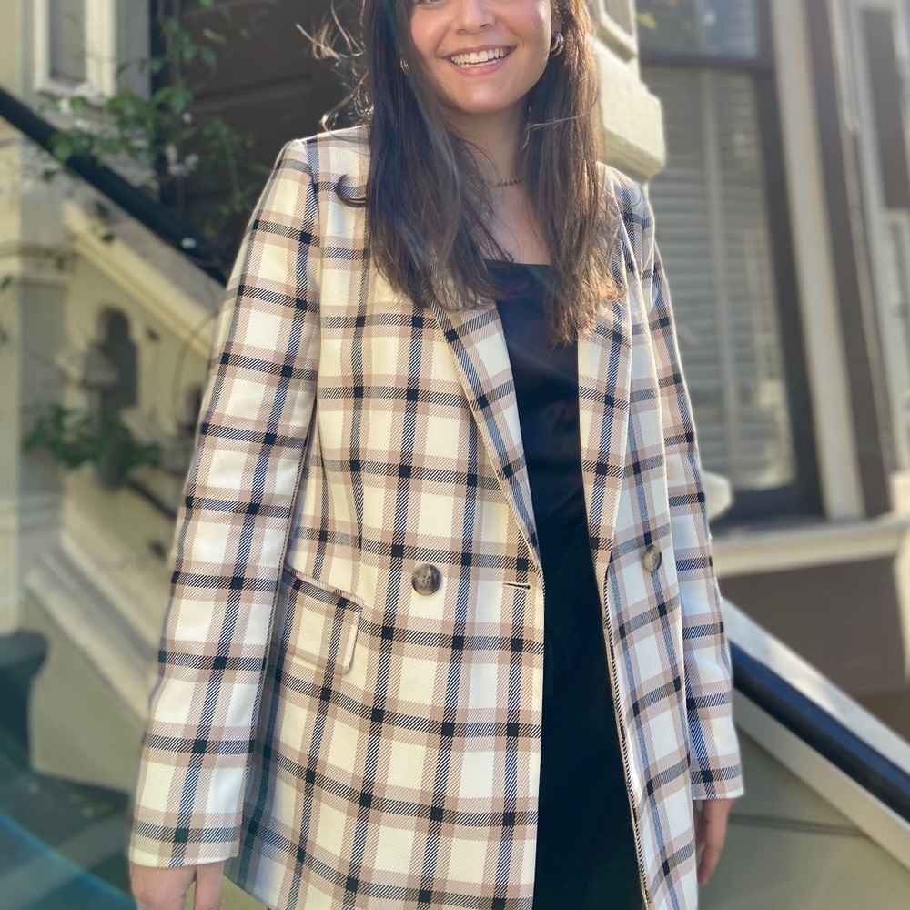 H&M Beige Brown Plaid Double-Breasted Blazer